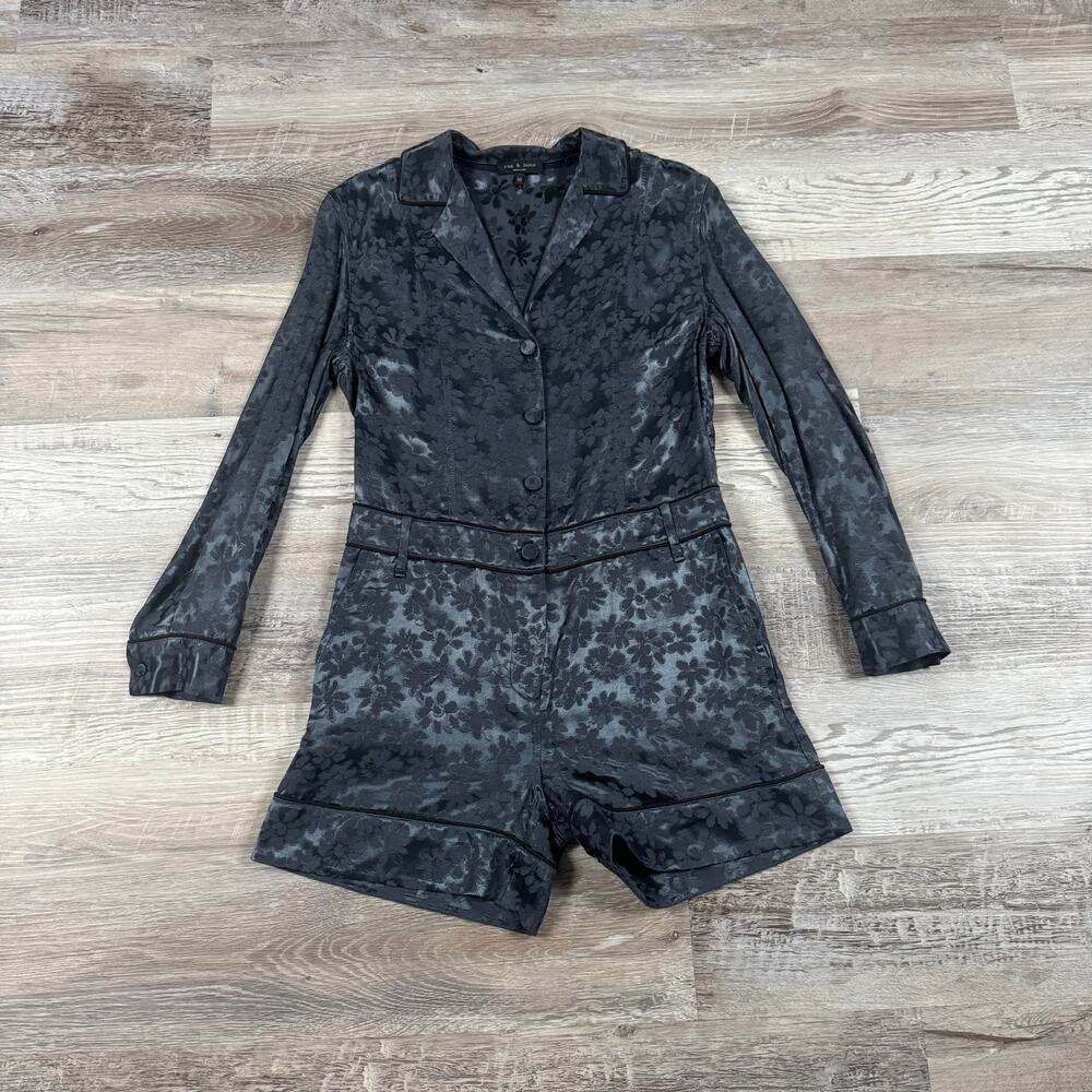 Rag & Bone Floral Jacquard Romper Jumpsuit Black Navy Tailored Short Fall 00 XS